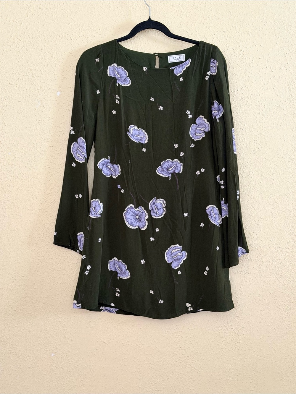 Sage the Label | Dark Green Mini Dress with Lavender Floral Print - Size Small - Picture 2 of 5